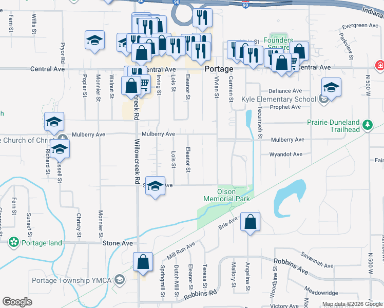 map of restaurants, bars, coffee shops, grocery stores, and more near 2809 Eleanor Street in Portage