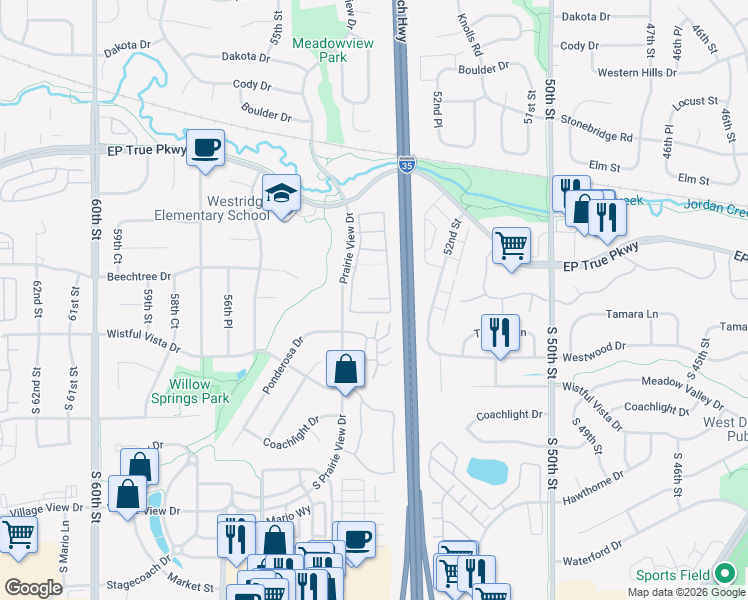 map of restaurants, bars, coffee shops, grocery stores, and more near 225 Prairie View Drive in West Des Moines