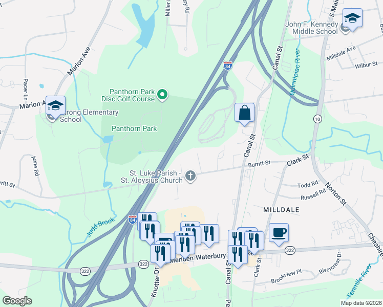 map of restaurants, bars, coffee shops, grocery stores, and more near 47 April Lane in Southington