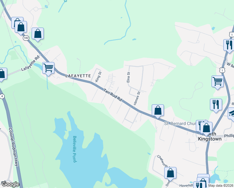 map of restaurants, bars, coffee shops, grocery stores, and more near 393 Ten Rod Road in North Kingstown