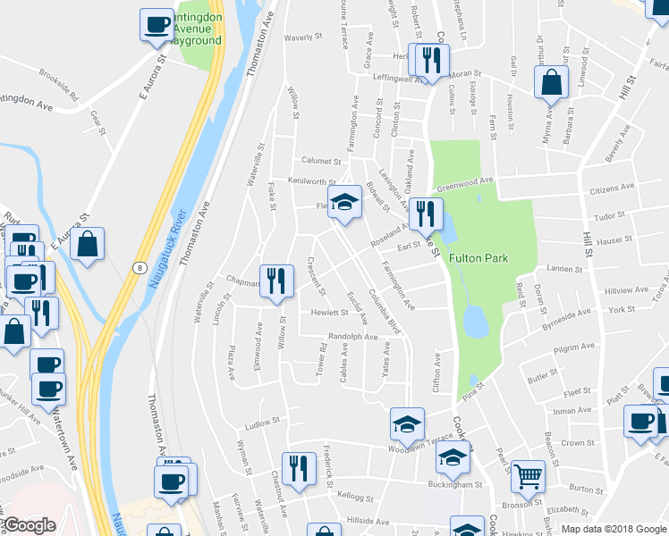 map of restaurants, bars, coffee shops, grocery stores, and more near Euclid Ave & Roseland Ave in Waterbury