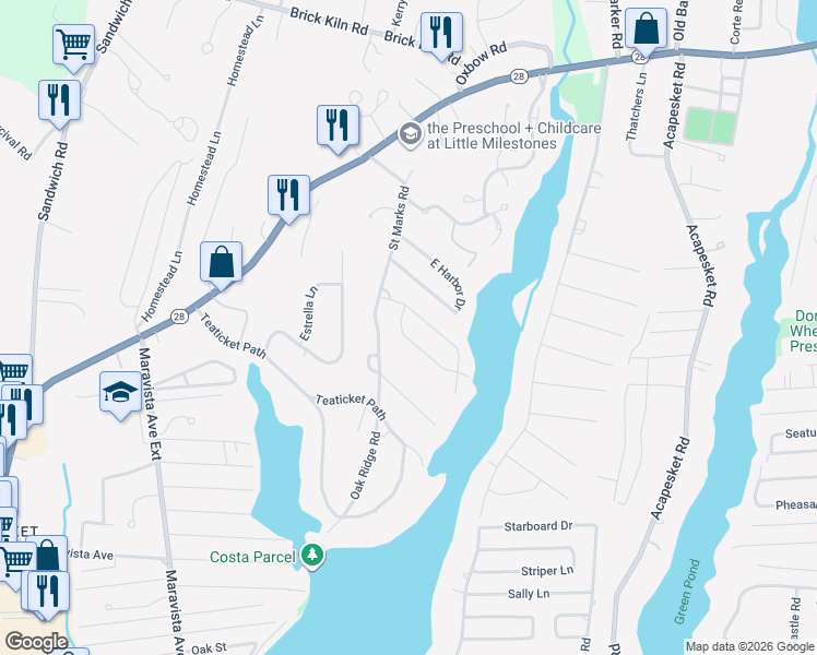 map of restaurants, bars, coffee shops, grocery stores, and more near 23 Rivers End Road in Falmouth