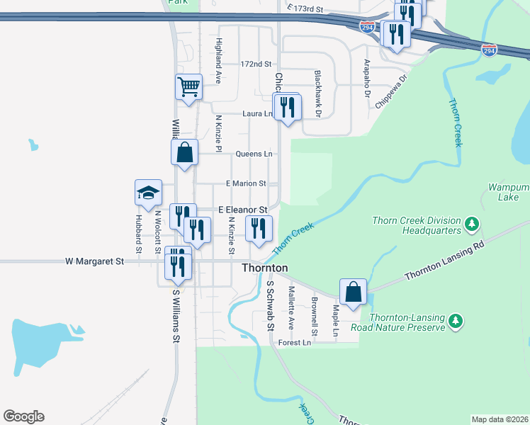 map of restaurants, bars, coffee shops, grocery stores, and more near 415 East Eleanor Street in Thornton