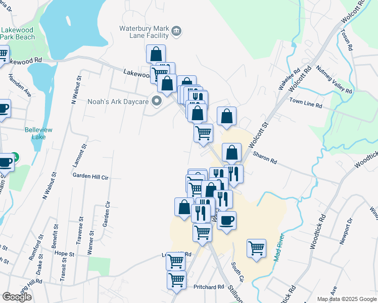 map of restaurants, bars, coffee shops, grocery stores, and more near 75 Sherman Avenue in Waterbury