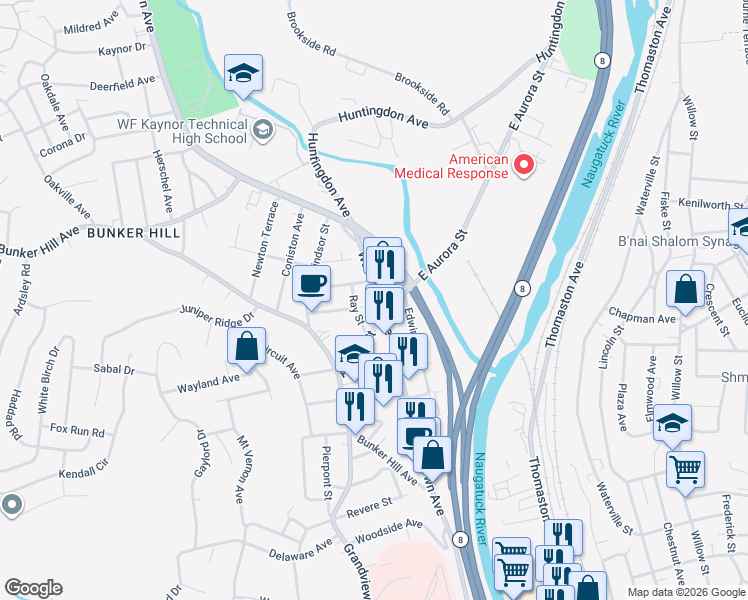 map of restaurants, bars, coffee shops, grocery stores, and more near 735 Watertown Avenue in Waterbury
