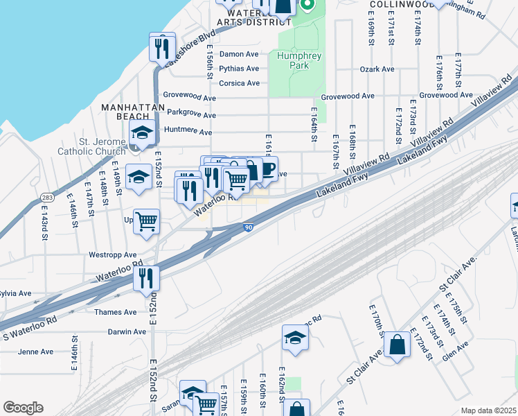 map of restaurants, bars, coffee shops, grocery stores, and more near 16100 Waterloo Road in Cleveland