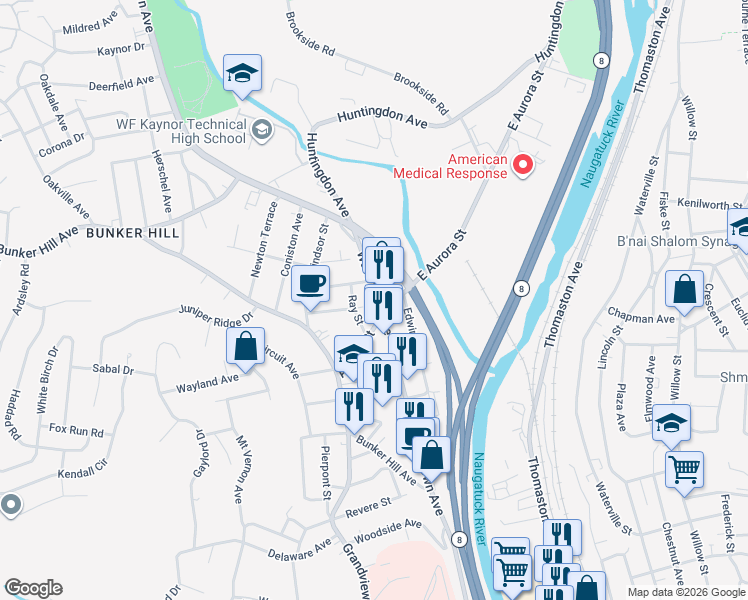 map of restaurants, bars, coffee shops, grocery stores, and more near 735 Watertown Avenue in Waterbury