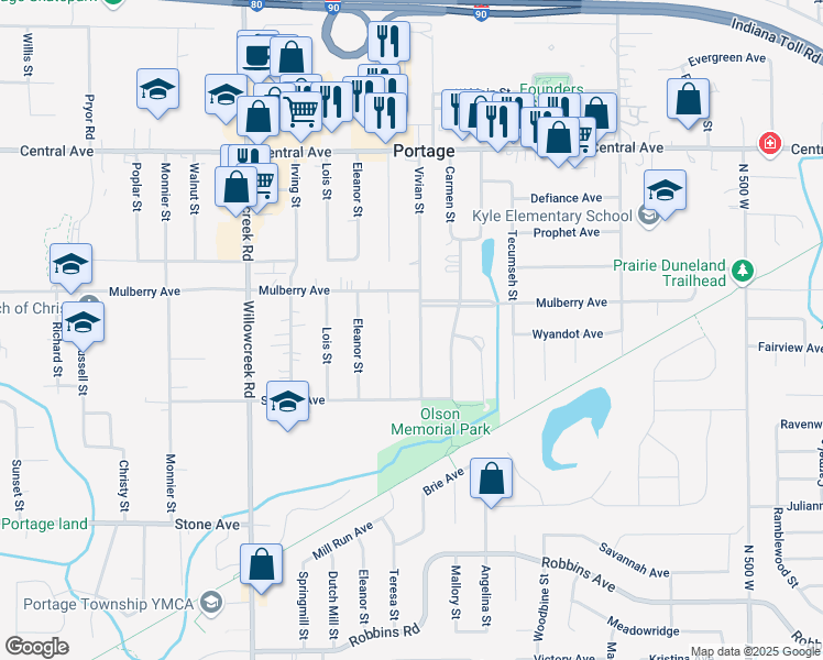 map of restaurants, bars, coffee shops, grocery stores, and more near 2813 Teresa Street in Portage
