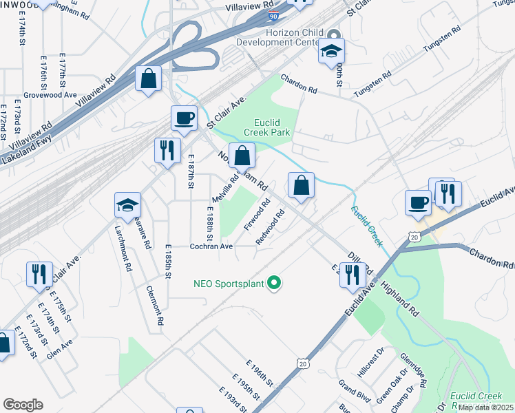 map of restaurants, bars, coffee shops, grocery stores, and more near 19223 Firwood Road in Cleveland