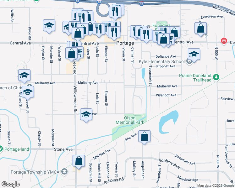 map of restaurants, bars, coffee shops, grocery stores, and more near 2813 Teresa Street in Portage