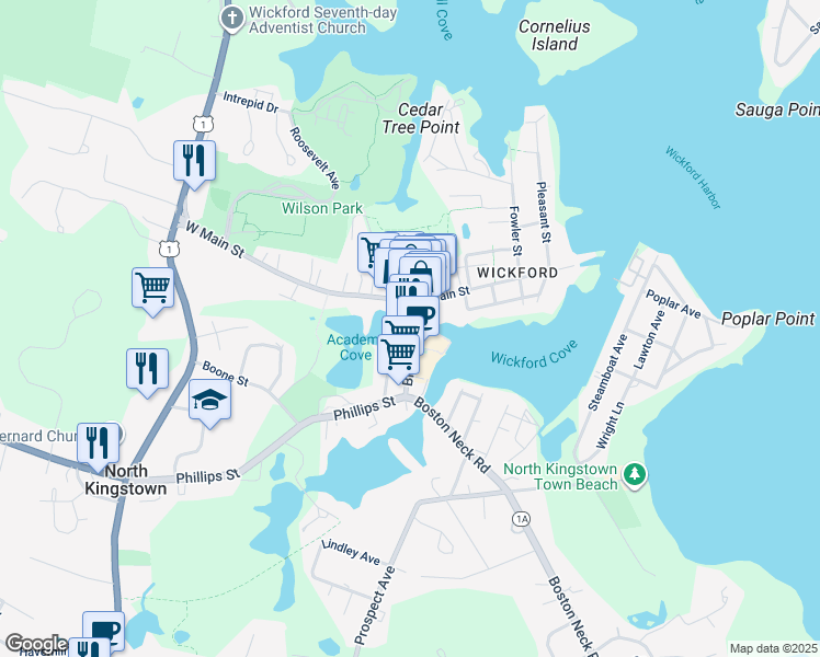 map of restaurants, bars, coffee shops, grocery stores, and more near 70 Brown Street in North Kingstown
