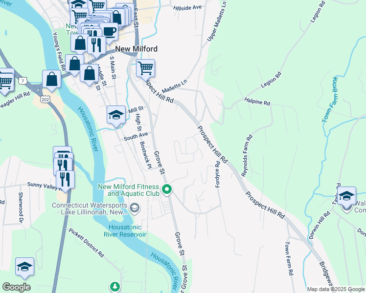 map of restaurants, bars, coffee shops, grocery stores, and more near 115 Beard Drive in New Milford