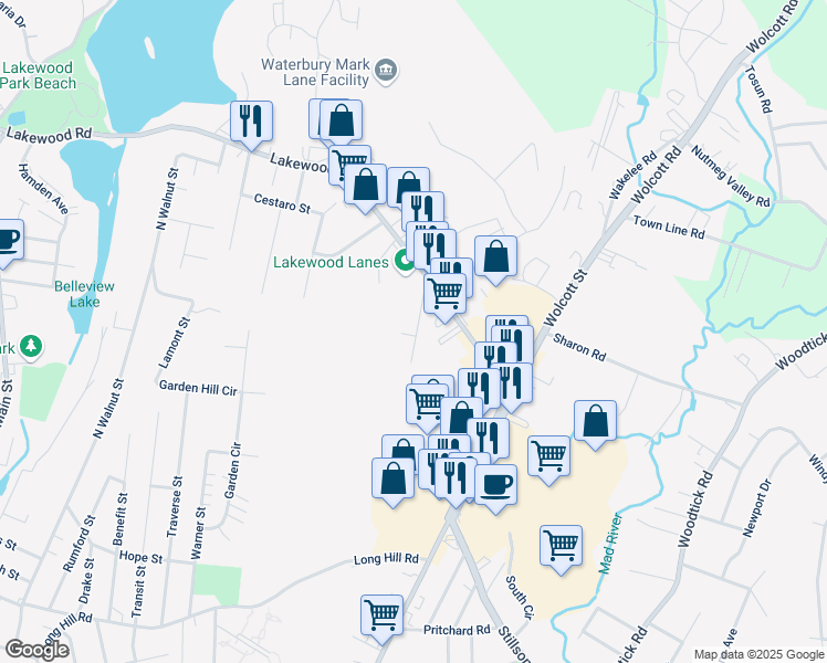 map of restaurants, bars, coffee shops, grocery stores, and more near 86 Sherman Avenue in Waterbury