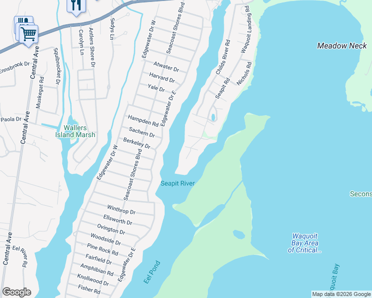 map of restaurants, bars, coffee shops, grocery stores, and more near 189 Seapit Road in Falmouth