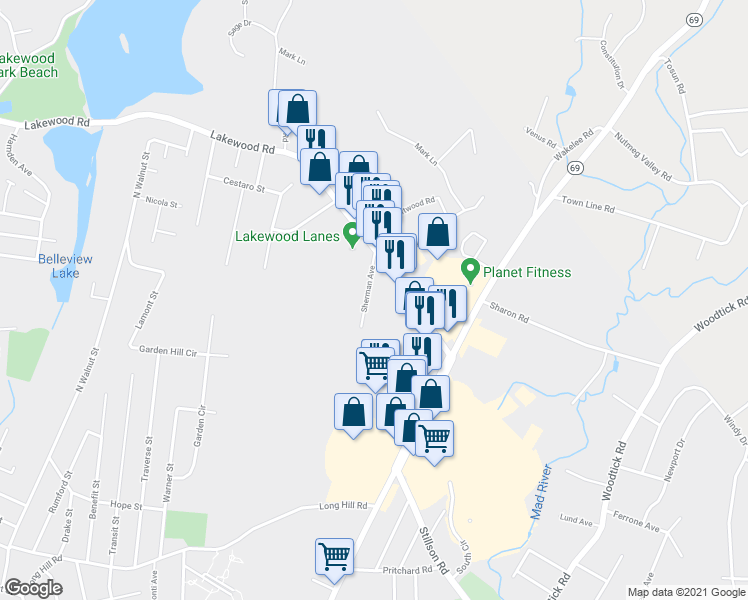 map of restaurants, bars, coffee shops, grocery stores, and more near 75 Sherman Avenue in Waterbury