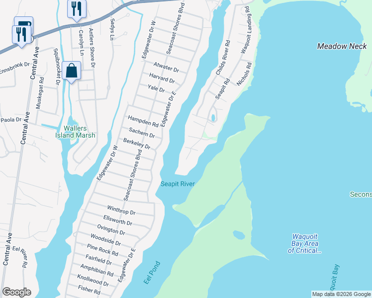 map of restaurants, bars, coffee shops, grocery stores, and more near 189 Seapit Road in Falmouth