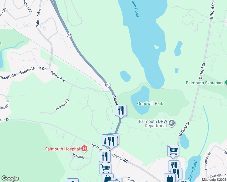 map of restaurants, bars, coffee shops, grocery stores, and more near 3 West Falmouth Highway in Falmouth