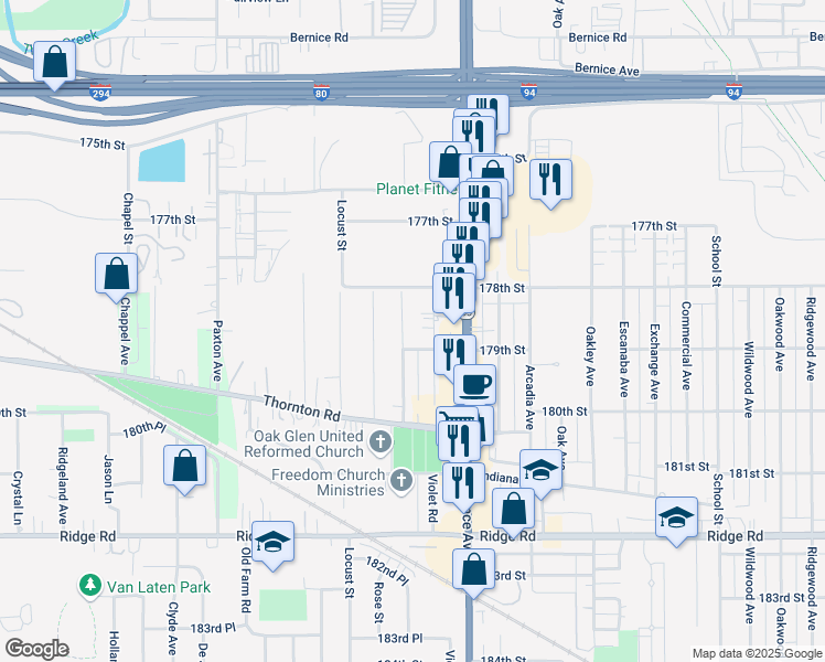 map of restaurants, bars, coffee shops, grocery stores, and more near 17843 Hickory Avenue in Lansing