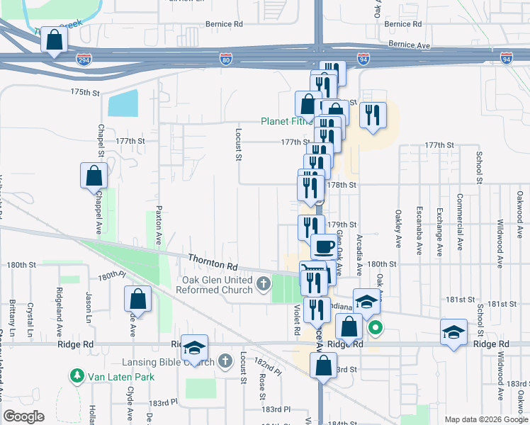 map of restaurants, bars, coffee shops, grocery stores, and more near 17850 Rose Street in Lansing