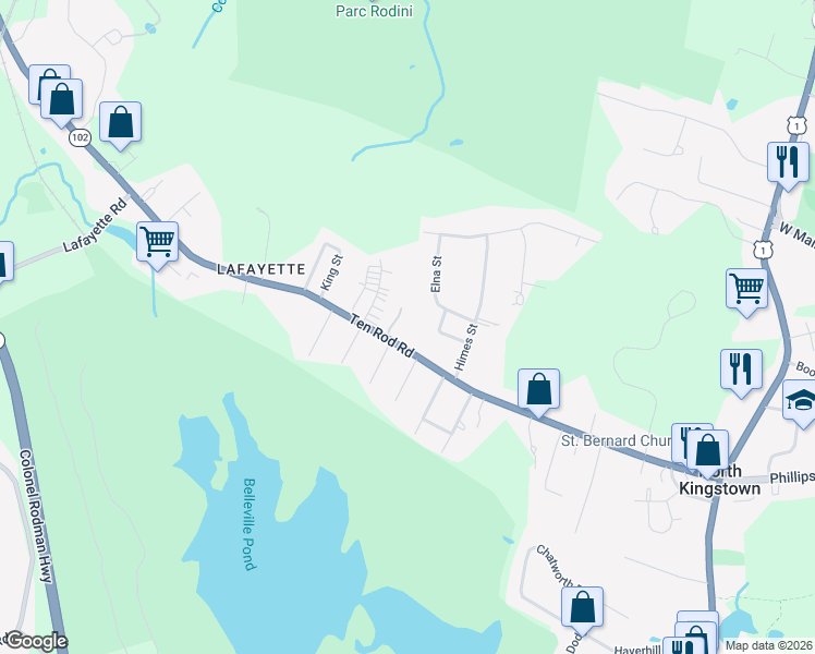 map of restaurants, bars, coffee shops, grocery stores, and more near 393 Ten Rod Road in North Kingstown