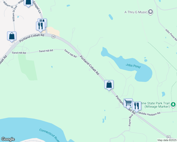 map of restaurants, bars, coffee shops, grocery stores, and more near 1113 Portland-Cobalt Road in Portland
