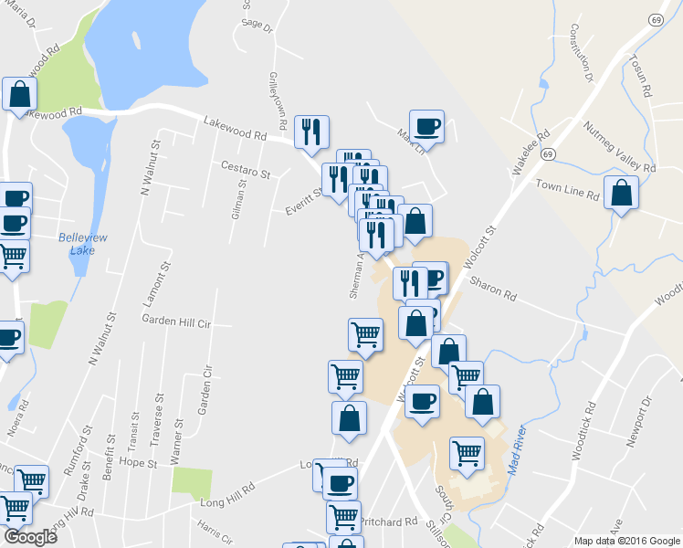 map of restaurants, bars, coffee shops, grocery stores, and more near 76 Sherman Avenue in Waterbury
