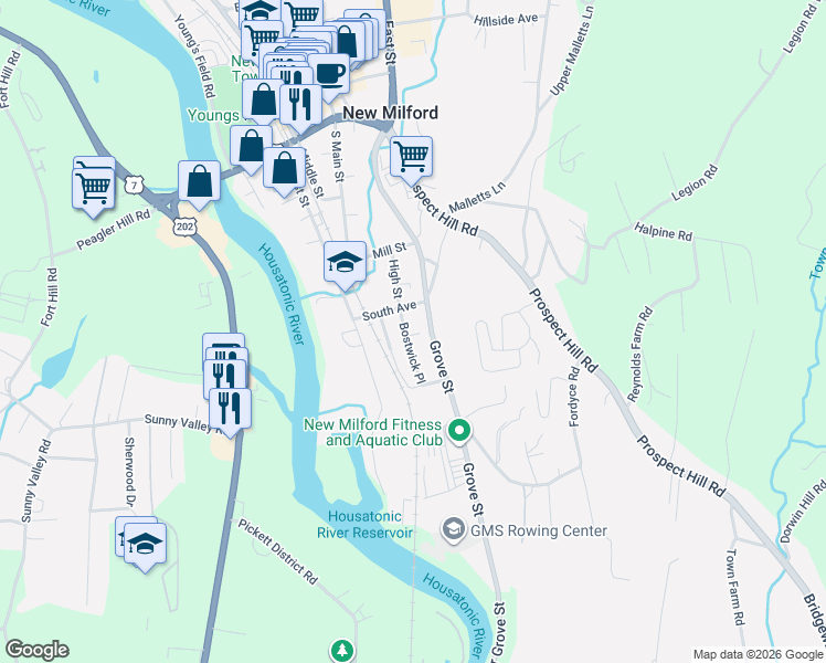 map of restaurants, bars, coffee shops, grocery stores, and more near 84 Grove Street in New Milford