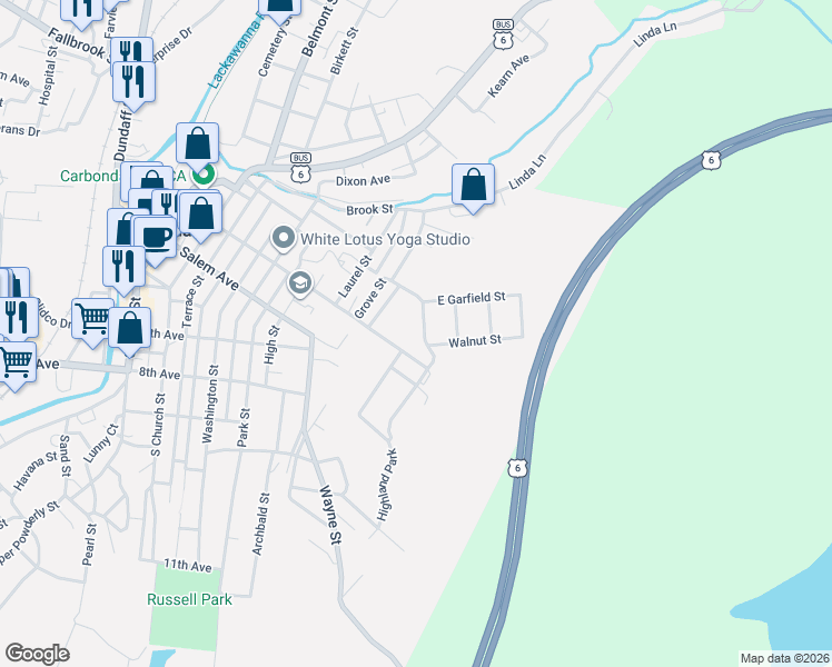 map of restaurants, bars, coffee shops, grocery stores, and more near 6 Cleveland Avenue in Carbondale