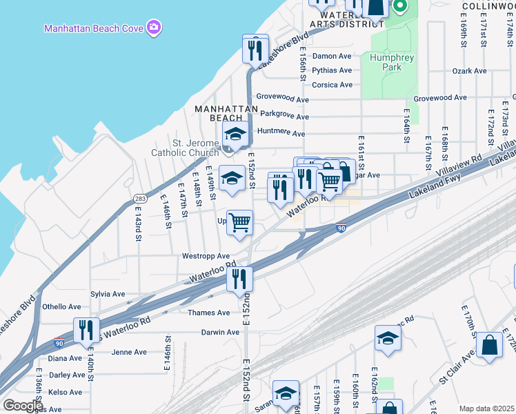 map of restaurants, bars, coffee shops, grocery stores, and more near 15218 Shiloh Road in Cleveland