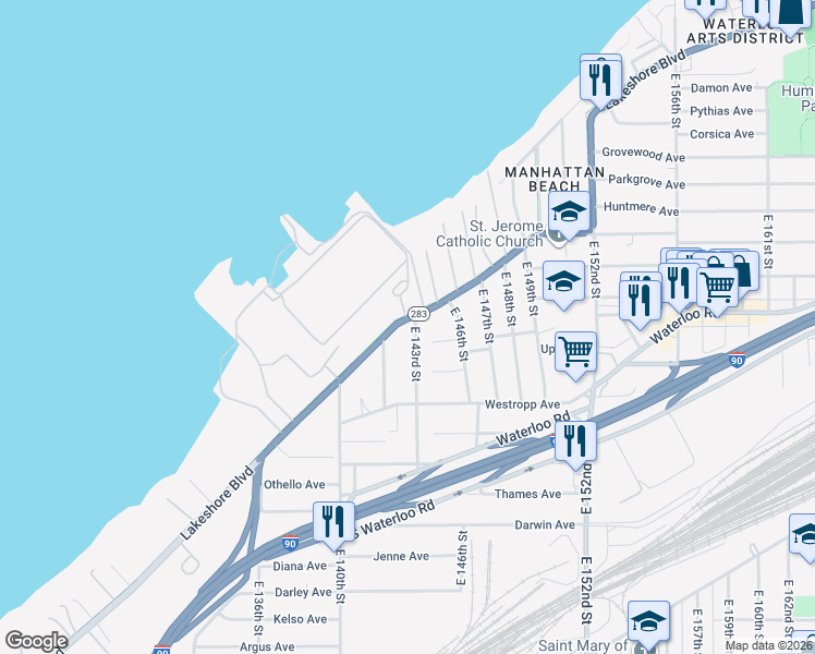 map of restaurants, bars, coffee shops, grocery stores, and more near 14308 Lakeshore Boulevard in Cleveland