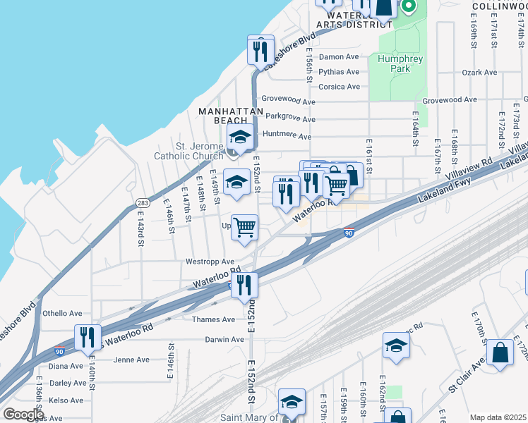 map of restaurants, bars, coffee shops, grocery stores, and more near 15218 Shiloh Road in Cleveland