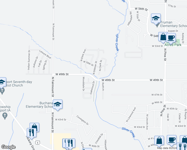 map of restaurants, bars, coffee shops, grocery stores, and more near 4919 North Dittmer Street in Davenport