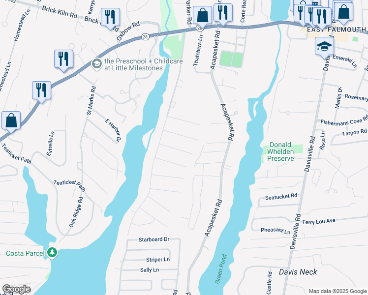 map of restaurants, bars, coffee shops, grocery stores, and more near 27 Suncrest Drive in Falmouth