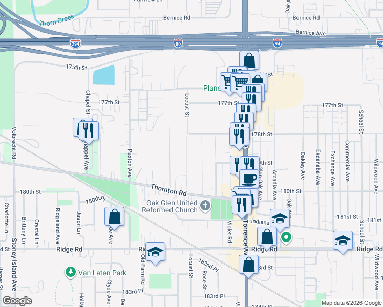 map of restaurants, bars, coffee shops, grocery stores, and more near 17842 Locust Street in Lansing