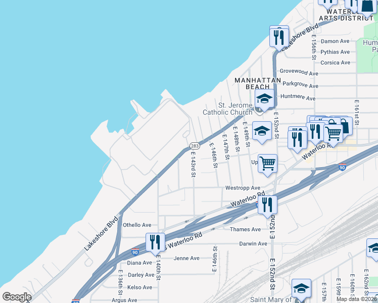 map of restaurants, bars, coffee shops, grocery stores, and more near 14308 Lakeshore Boulevard in Cleveland