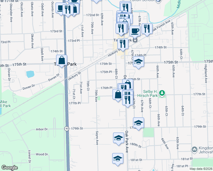 map of restaurants, bars, coffee shops, grocery stores, and more near 6907 176th Street in Tinley Park