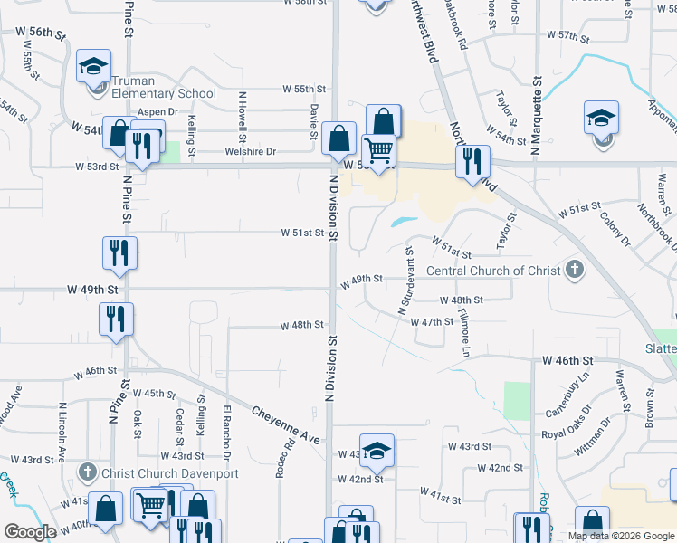 map of restaurants, bars, coffee shops, grocery stores, and more near 4917 North Division Street in Davenport