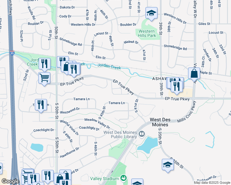 map of restaurants, bars, coffee shops, grocery stores, and more near 4524 EP True Parkway in West Des Moines