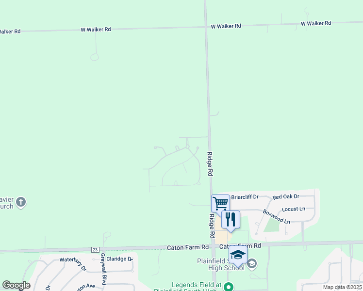 map of restaurants, bars, coffee shops, grocery stores, and more near Deer Crossing Dr in Plainfield