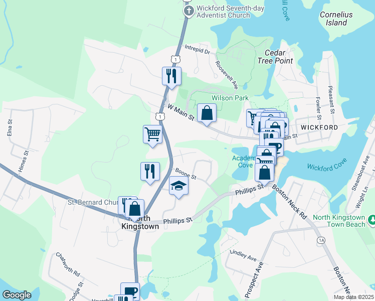 map of restaurants, bars, coffee shops, grocery stores, and more near 44 Thomas Street in North Kingstown