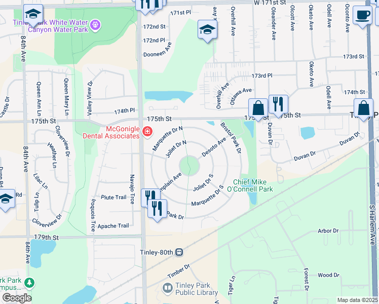 map of restaurants, bars, coffee shops, grocery stores, and more near 7812 Park Central Drive South in Tinley Park