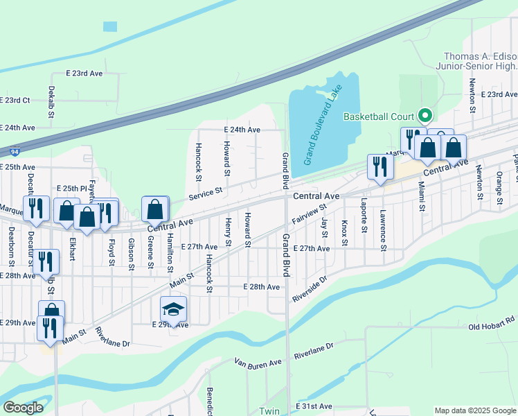 map of restaurants, bars, coffee shops, grocery stores, and more near 1701 Central Avenue in Gary