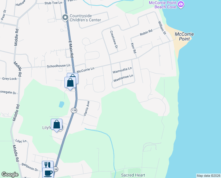 map of restaurants, bars, coffee shops, grocery stores, and more near 89 Wampanoag Drive in Portsmouth