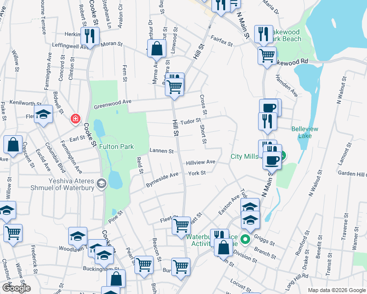 map of restaurants, bars, coffee shops, grocery stores, and more near 314 Hill Street in Waterbury