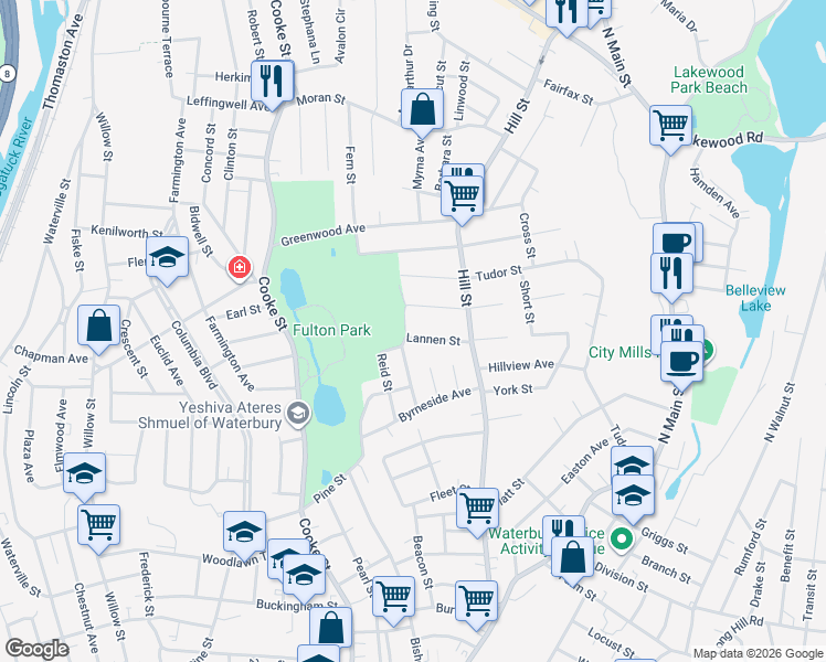 map of restaurants, bars, coffee shops, grocery stores, and more near 62 Lannen Street in Waterbury