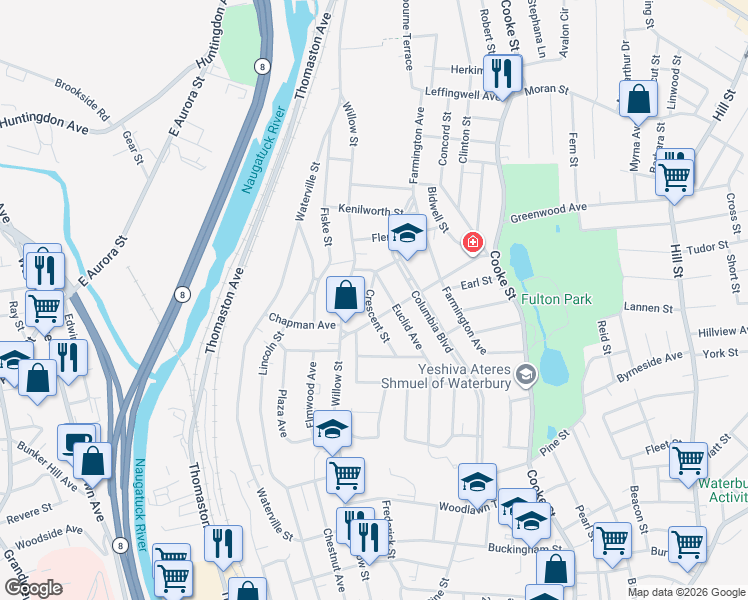map of restaurants, bars, coffee shops, grocery stores, and more near 193 Euclid Avenue in Waterbury