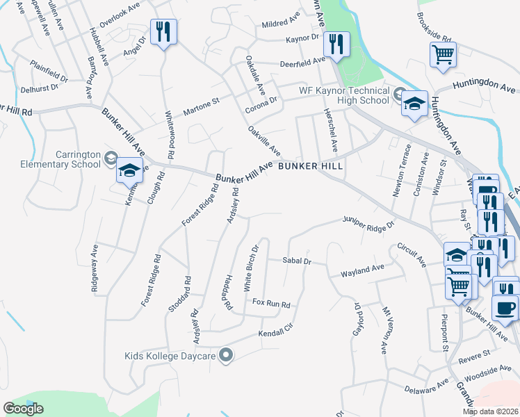 map of restaurants, bars, coffee shops, grocery stores, and more near 53 Trumpet Brook Road in Waterbury