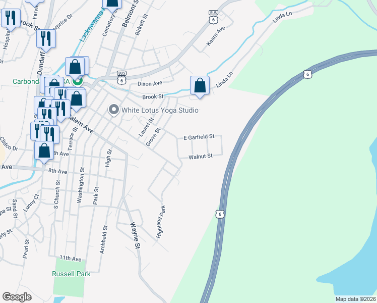 map of restaurants, bars, coffee shops, grocery stores, and more near 14 Coolidge Ave in Carbondale
