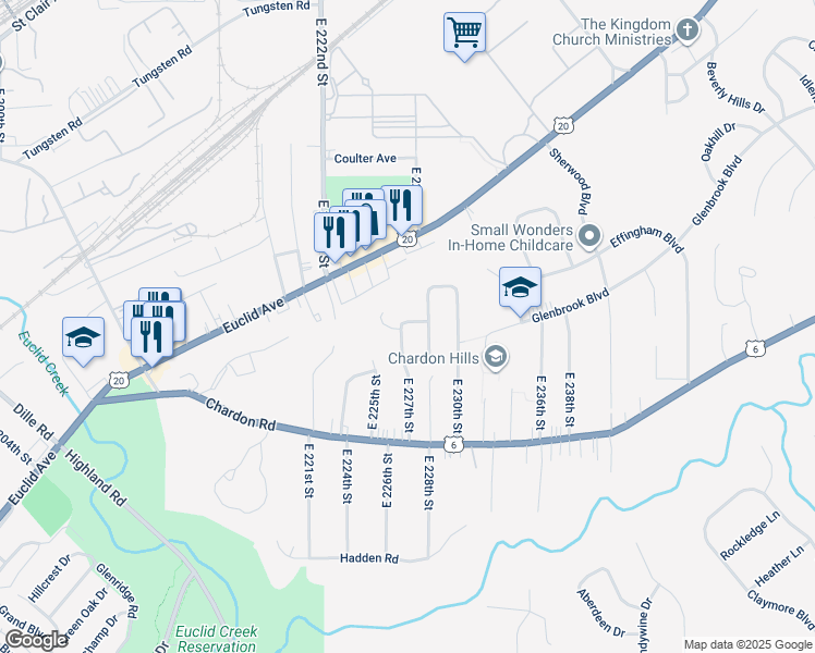map of restaurants, bars, coffee shops, grocery stores, and more near 22701 Overlook Drive in Euclid