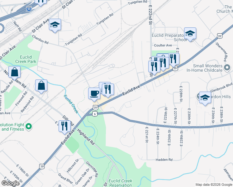 map of restaurants, bars, coffee shops, grocery stores, and more near 21377 Euclid Avenue in Euclid